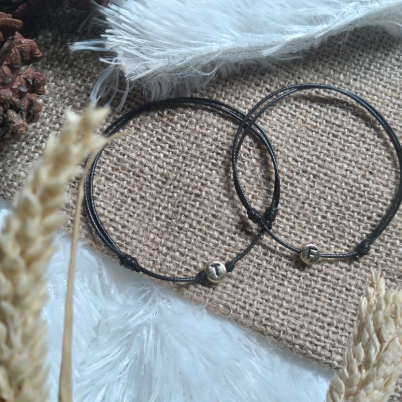 (A-z) Gelang Inisial Huruf Bulat Pipih Gold/Emas Gelang Huruf Pasangan Vintage Gelang Tali Pria/Wani