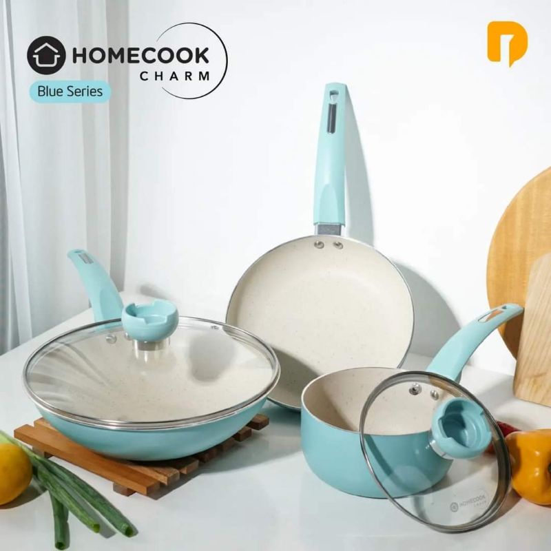 Homecook charm blue set of 5 pcs (fry pan 22cm, stir wook+tutup kaca 26cm, sauce pan+tutup kaca 16cm