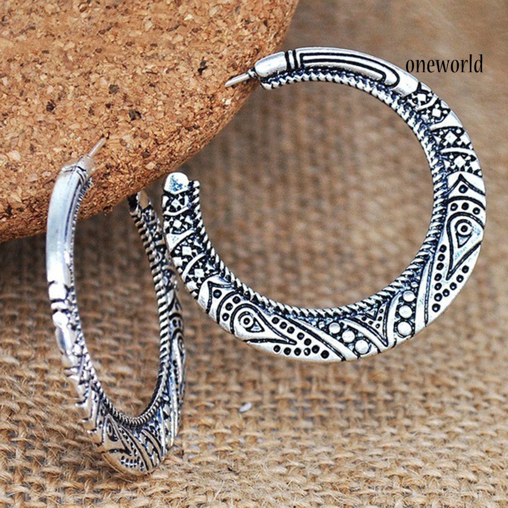 OW# Vintage Women Silver Plated Carved Circle Dangle Ear Stud Earrings Jewelry Gift