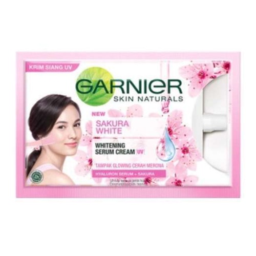 [ SACHET ] Garnier Sakura Whitening Serum Cream Pinkish Radiance Day Cream UV 7ML - Pelembab - Krim 