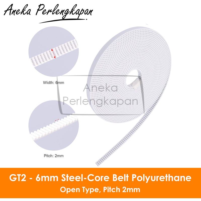 GT2 Timing Belt Open Width 6mm Polyurethane Steel Core White per meter