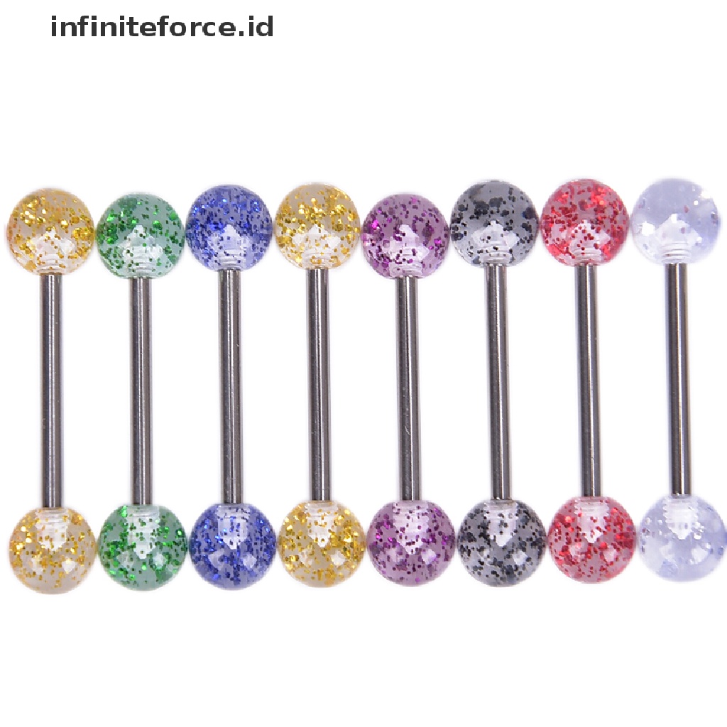 Infiniteforce.id 8pcs / Set Cincin Tindik Lidah / Tubuh Desain Barbell Hias Glitter Multi Warna