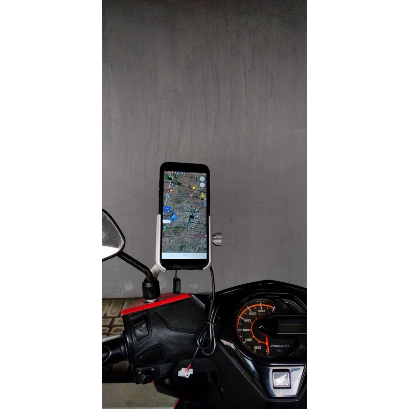 TERMURAH 100% FULL BESI Phone Holder Spion Motor + USB CHARGER  Holder Motor Material 100% Besi SILVER