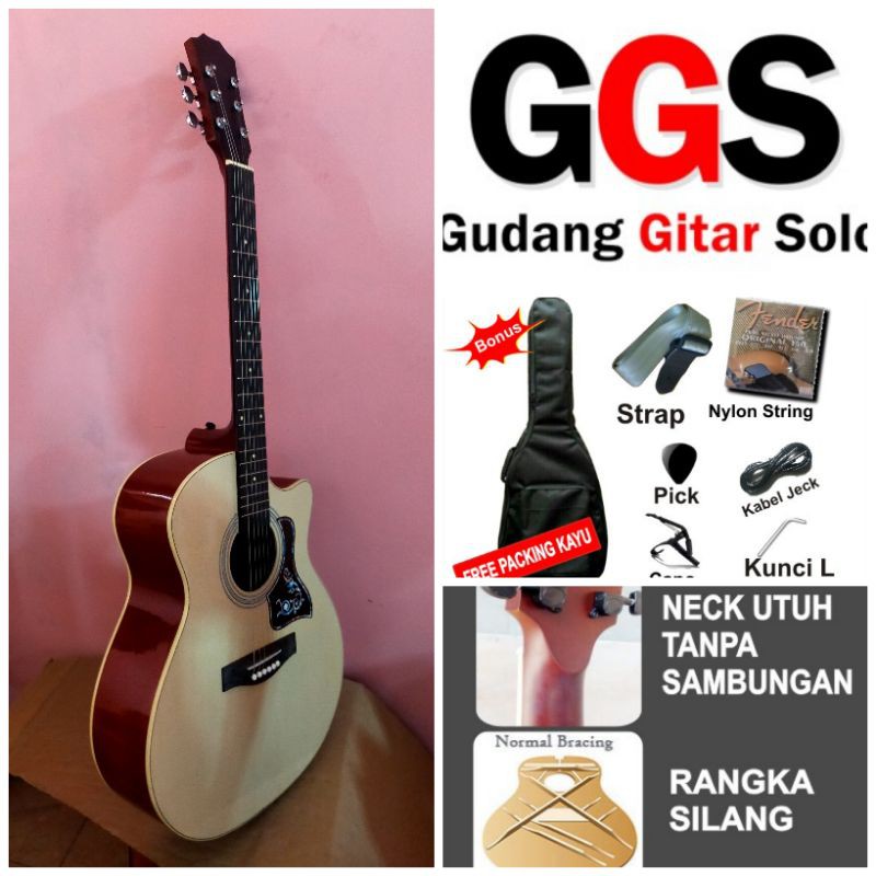 Gitar Akustik jumbo murah gagang utuh rangka silang