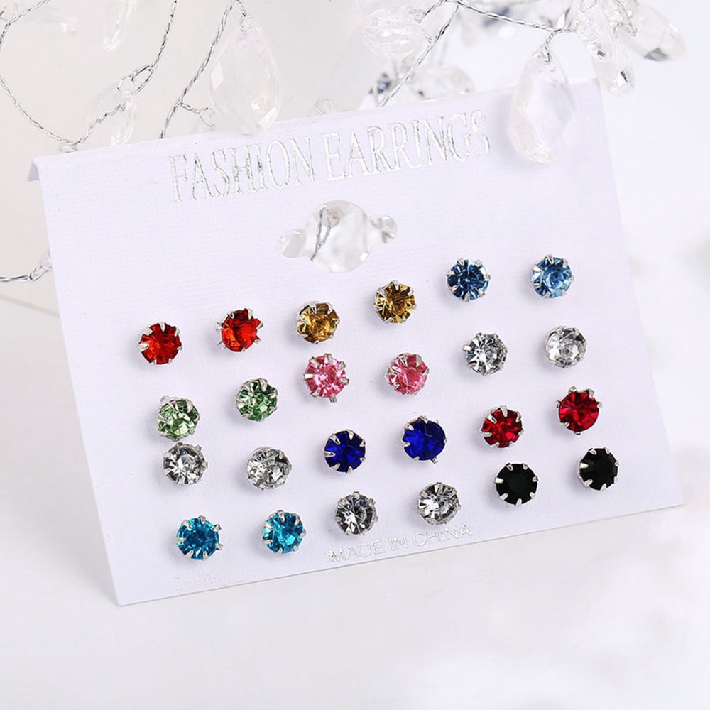 12 Pasang / Set Anting Tusuk Bentuk Bulat Geometris Aksen Kristal Warna-Warni Untuk Wanita