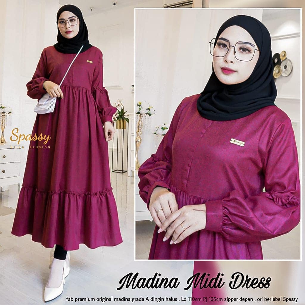 Madina Midi Dress Gamis Busui Lengan Balon Dress Maxi Jumbo Polos Pakaian Wanita Korean Style Model Terbaru