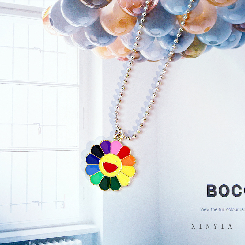 Harajuku Pasangan Jepang Kalung Rainbow Sun Flower Smiley Retro Pendant