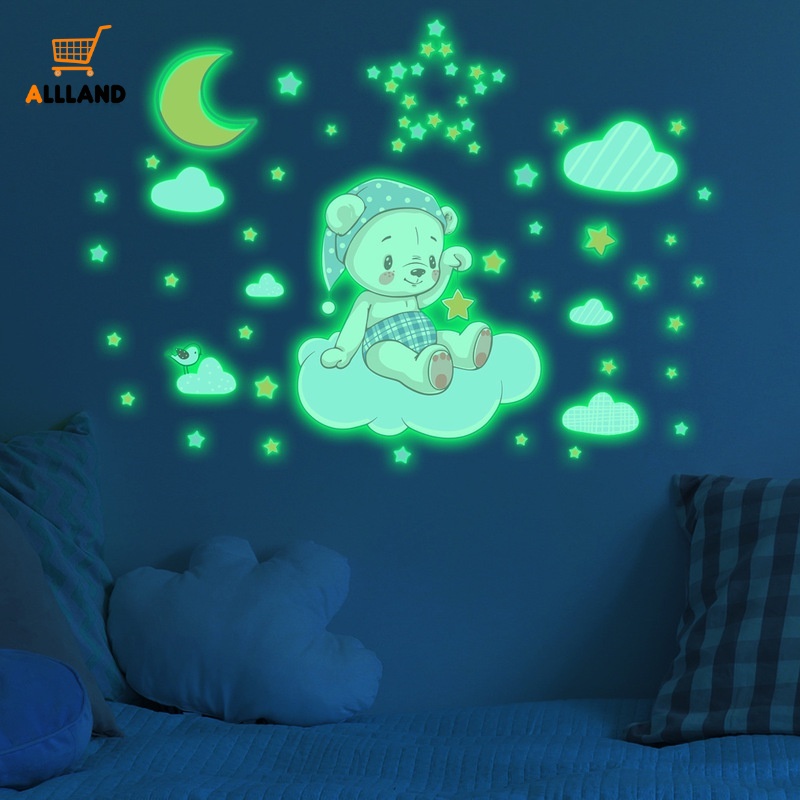 1 Set Stiker Dinding Desain Kartun Bayi Beruang Gajah Bulan Luminous Glow In The Dark Untuk Dekorasi Kamar Anak