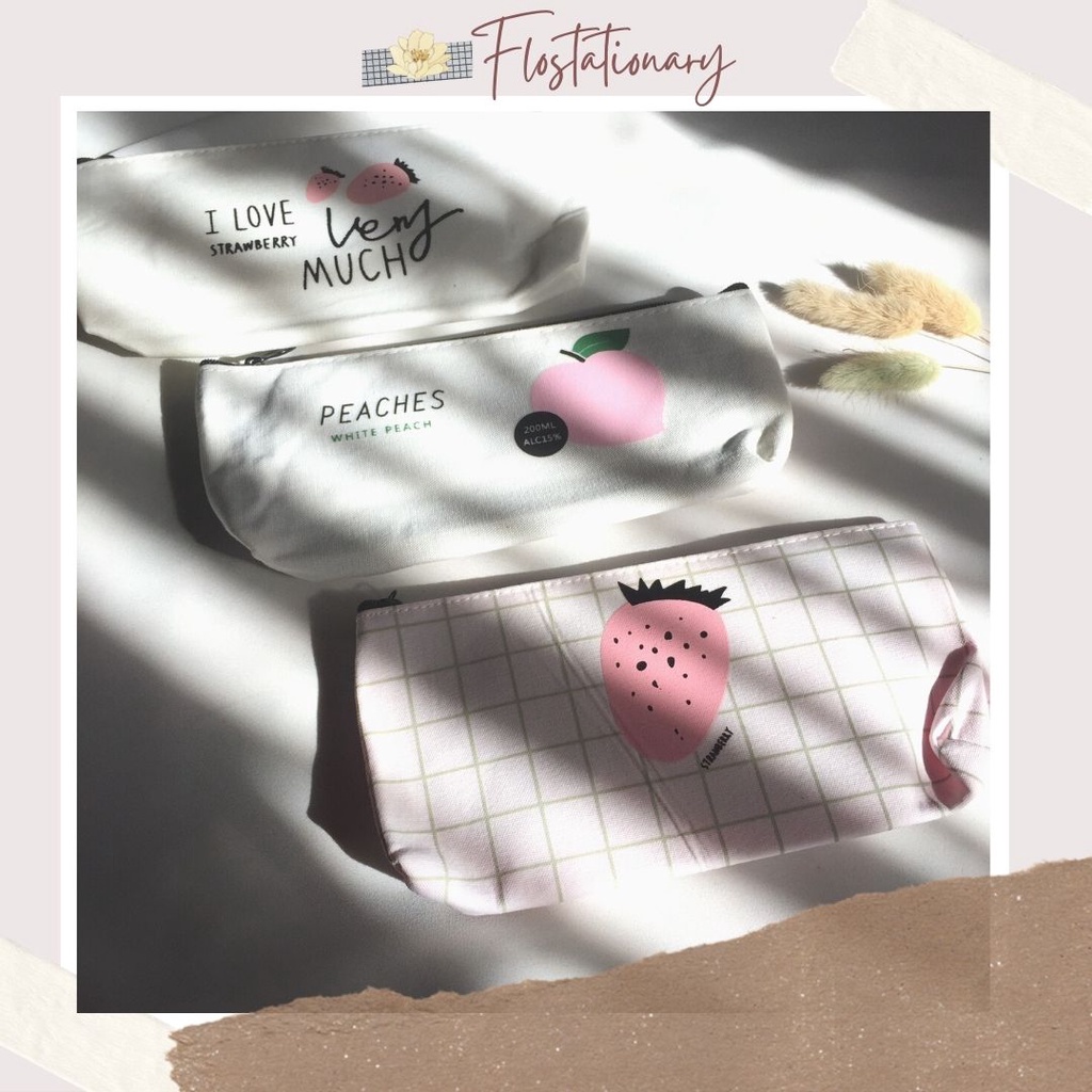 

[FS] Tempat Pensil Canvas Putih Peaches Strawberry Kotak Case Simple