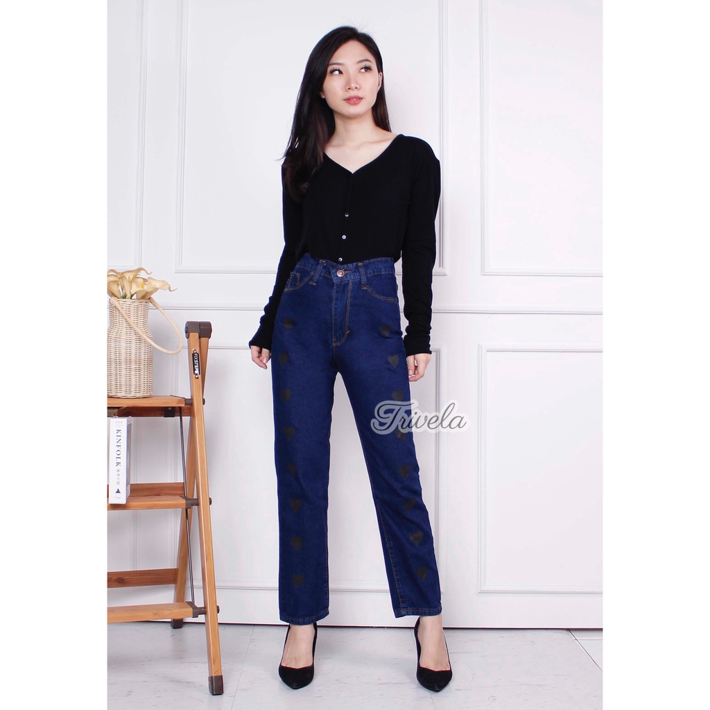 Celana Boyfriend Jeans Wanita Loose Jeans Bordir Love Avanti / Boyfriend Love