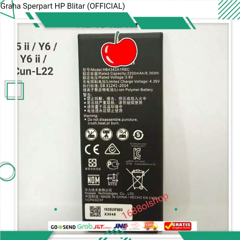 Baterai Huawei HB4342A1RBC Ascend Honor 4A Y5 II Y6 L22 Y5II Batre Battery Batera