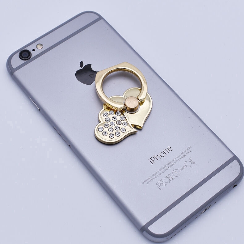 Heart-shaped Diamond Double Love Metal Ring Buckle with Diamond Back Stick Phone Stand