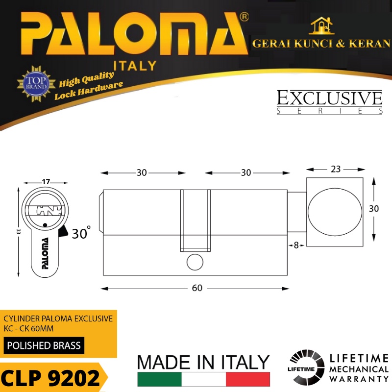 PALOMA CLP 9202 KNOB CYLINDER ITALY 60 MM EXCLUSIVE KUNCI PINTU GOLD POLISHED BRASS