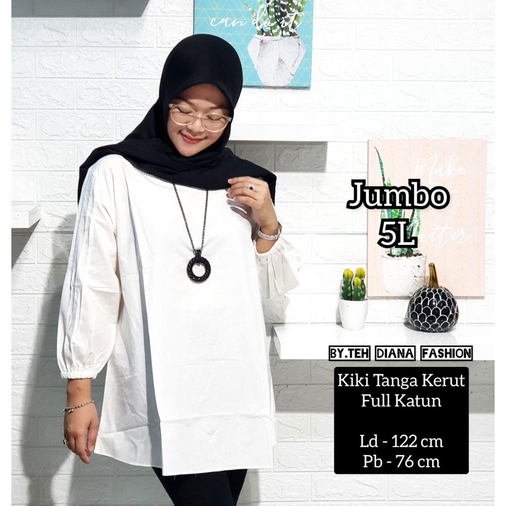 Baju Atasan Wanita Jumbo / Blouse Wanita Jumbo / Atasan Wanita Jumbo Model Kiki Tangan Kerut Full Katun Ld 122-2