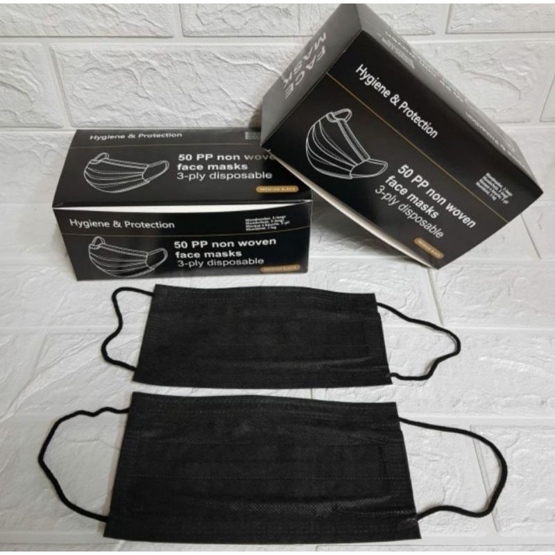 Masker hitam 3 ply murah / masker earloop hitam hygiene isi 50 pcs