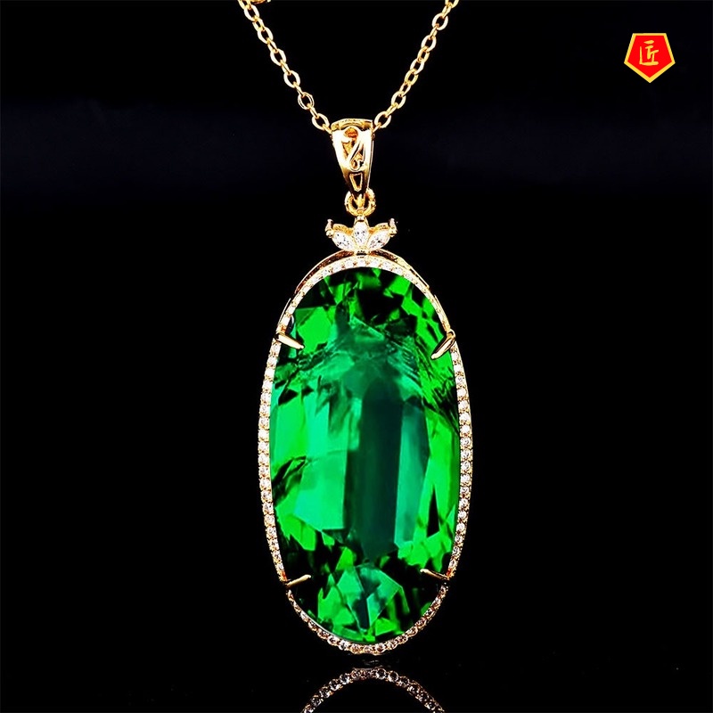 [Ready Stock]Luxury 18K Gold Emerald Pendant European and American Colored Gems Necklace