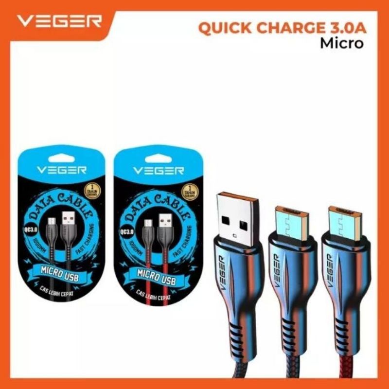 (V118) Kabel Data Micro Usb 3A Quick Charge panjang 1 meter By Veger