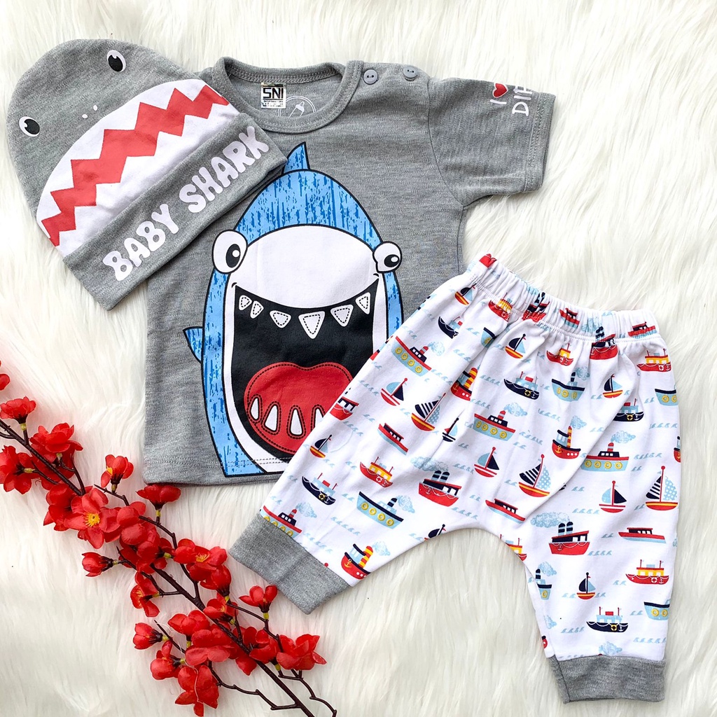 Baju setelan kaos celana topi motif shark hiu bestseller fashion anak bayi laki cowok murah -bab