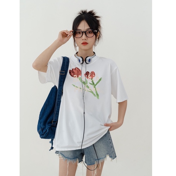 kaos atasan wanita/korean style import motif flower t shirt/kemeja wanita putih