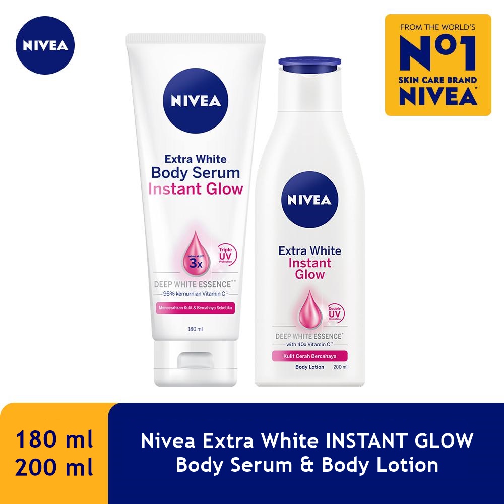 NIVEA Extra White Instant Glow Body Serum SPF25 180ml / Body Lotion SPF15 200ml - Mencerahkan Kulit  (Kemasan Besar Kecil Sedang) - Handbody Hanbody Hand Body Handbodi Hanbodi Radian Smoth Putih Instan Glowing