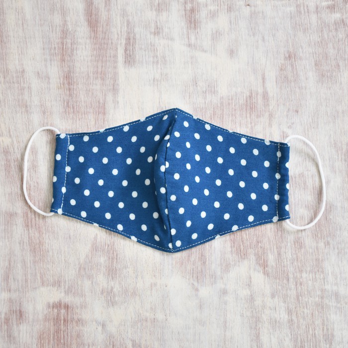 Masker Kain Rayon Motif Polkadot 3 Ply Earloop Blue Biru