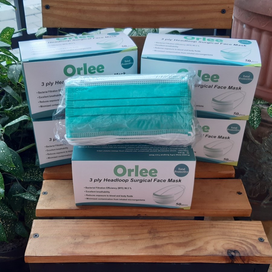 Masker Medis Bedah Surgical Mask ORLEE (Emboss) Hijau Ijin KEMENKES Hijab Headloop Isi 50 | 25 ORI