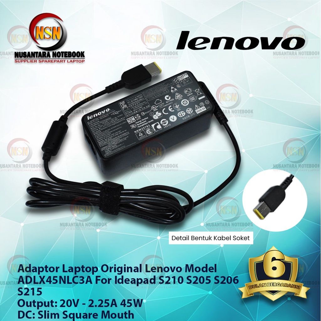 Adaptor Charger Original Lenovo 20V - 2.25A Square Mouth USB