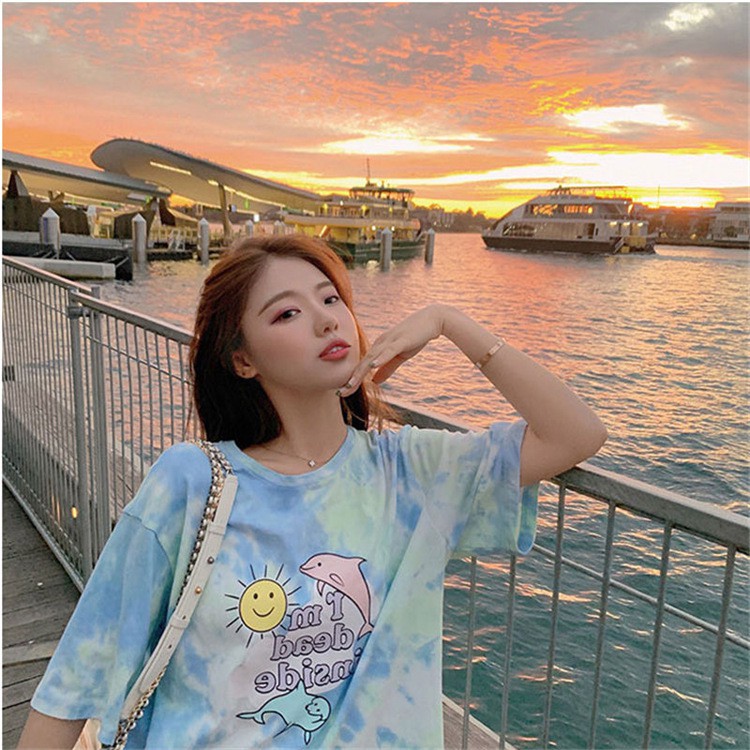 [littlecrab] Kaos Oversize Tie Dye Dolphin Kaos Lucu T-shirt Couple Lumba-Lumba Kaos Tumblr Korean