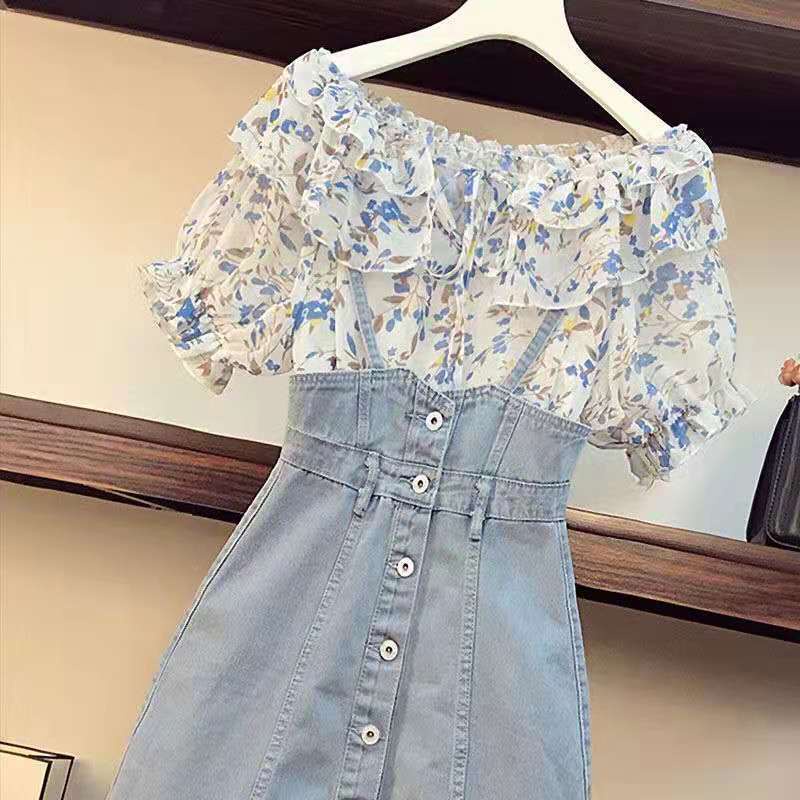 Big fat sister summer new suit women's foreign style thin shirt aging denim strap dress two-piece