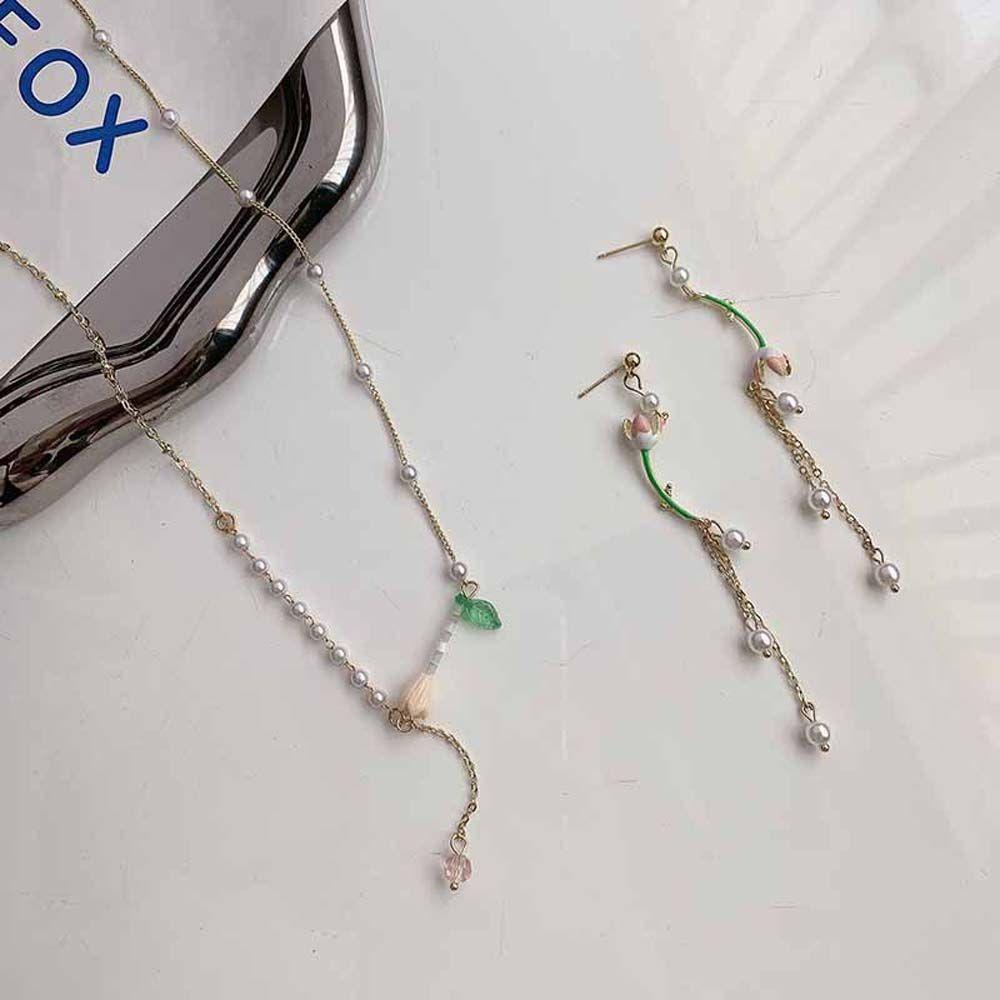 Mxbeauty Kalung Bunga Trendi Manis Asimetris Manik-Manik Mutiara Choker Gadis Gaya Korea Necklace