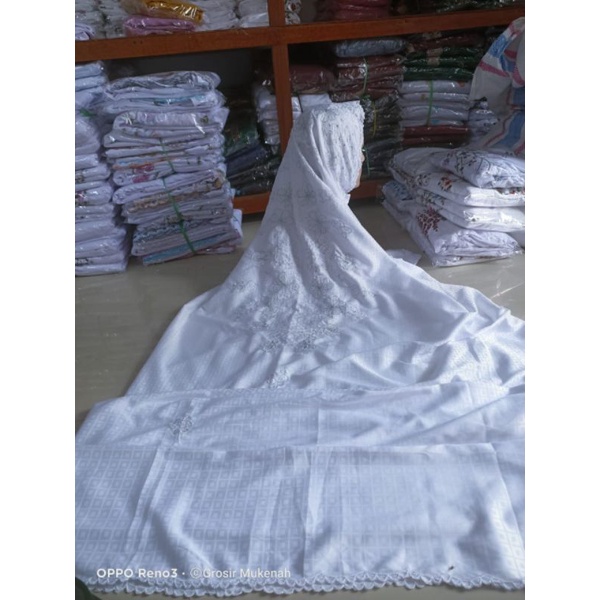 MUKENAH LAJURAN SEMI SUTRA BORDIR PUTIH FARIASI BENANG PERAK CANTIK MEWAH TERMURAH