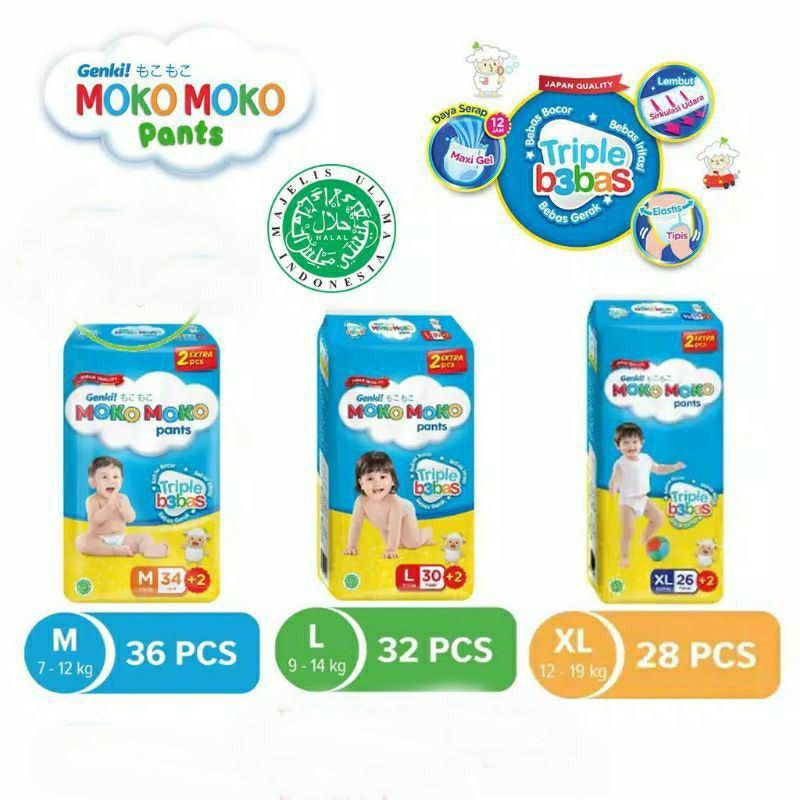 GENKI MOKOMOKO Moko Moko Pants Diapers M34+2 L30+2 XL26+2 popok celana