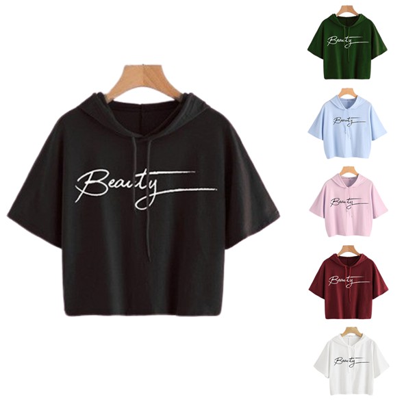 FazaStore Sweater Wanita Crop Hoodie BEAUTY Lengan Pendek