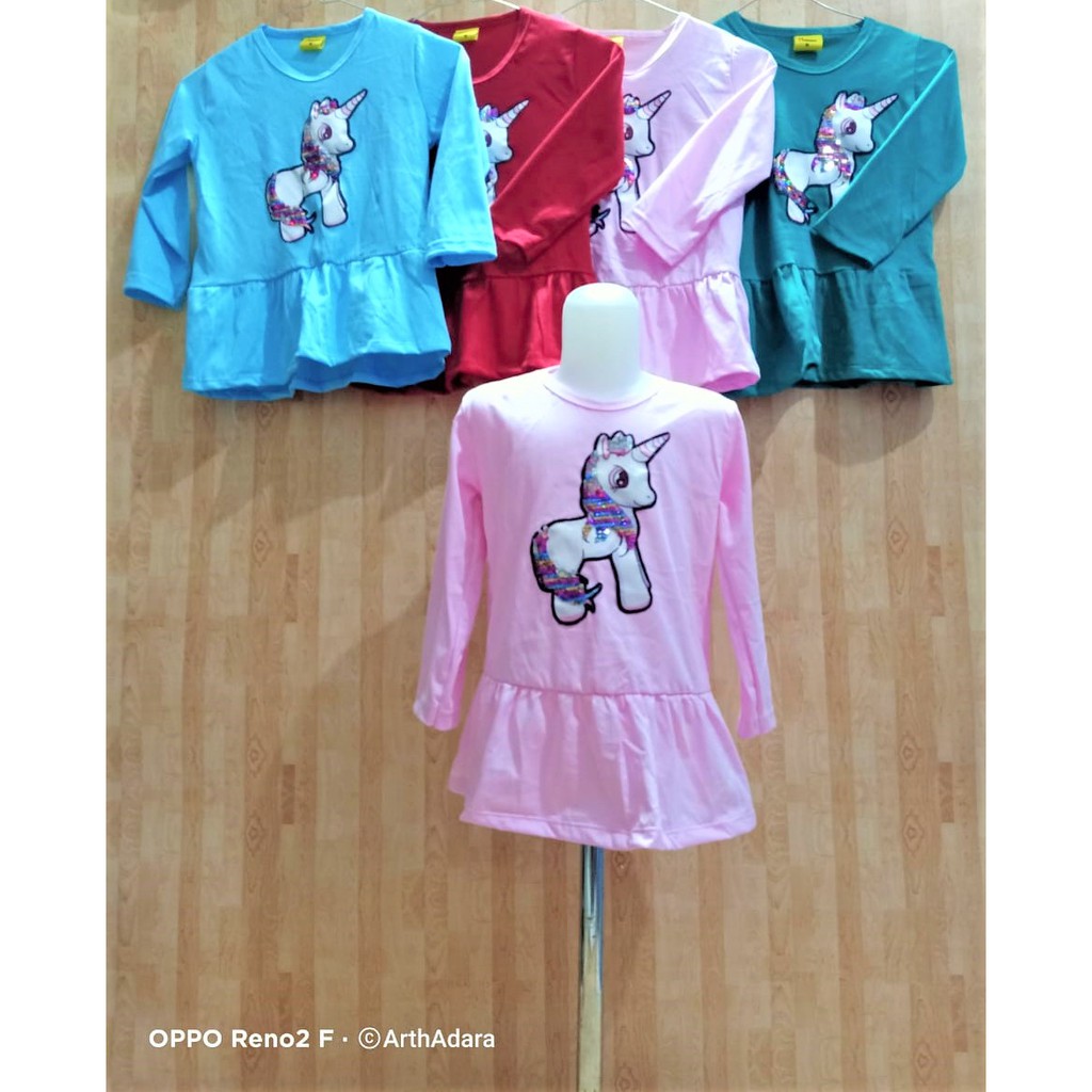 Baju Kerut Anak Unicorn LED+Usap Tangan Panjang/Baju Murah Anak Perempuan/kaos Anak Perempuan LED