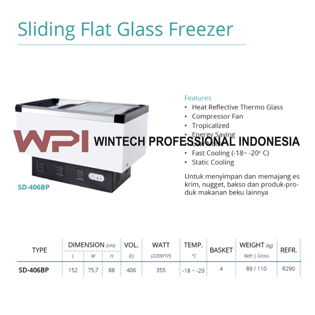 Gea SD-406BP Sliding Flat Glass Freezer - Freezer Kaca Datar Untuk Penyimpanan Frozen Food Manual Defrost - Box Pendingin Freezer Pintu Geser