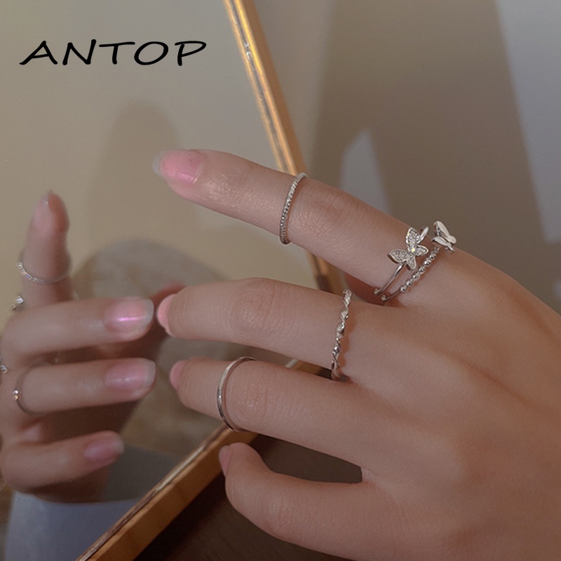 4 Pcs/set 925 Fashion Perak Cincin Set Kupu-kupu Berlian Imitasi Wanita Jari Cincin Perhiasan Aksesoris ANTOP