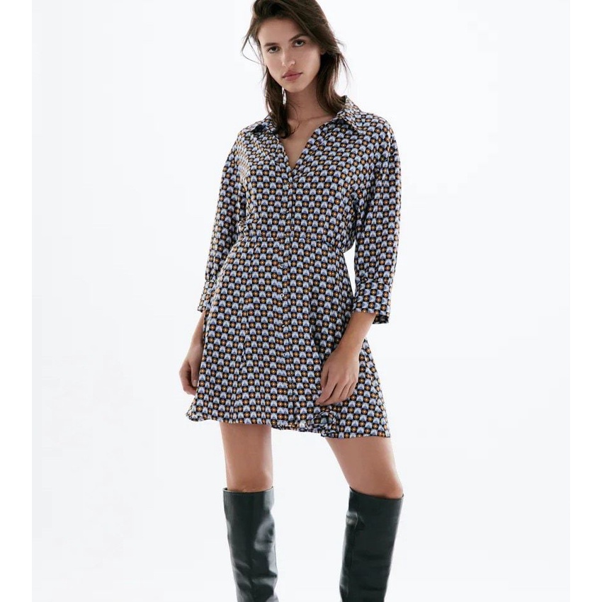 Dress casual import Blue Geomatric Printed korea style biru