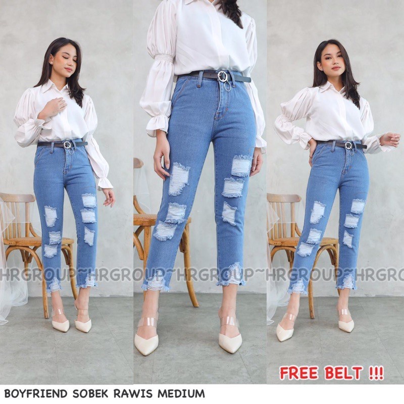 FREE BELT!! Boyfriend Jeans Cewek Sobek Lapis Rawis Dark blue &amp; Light blue