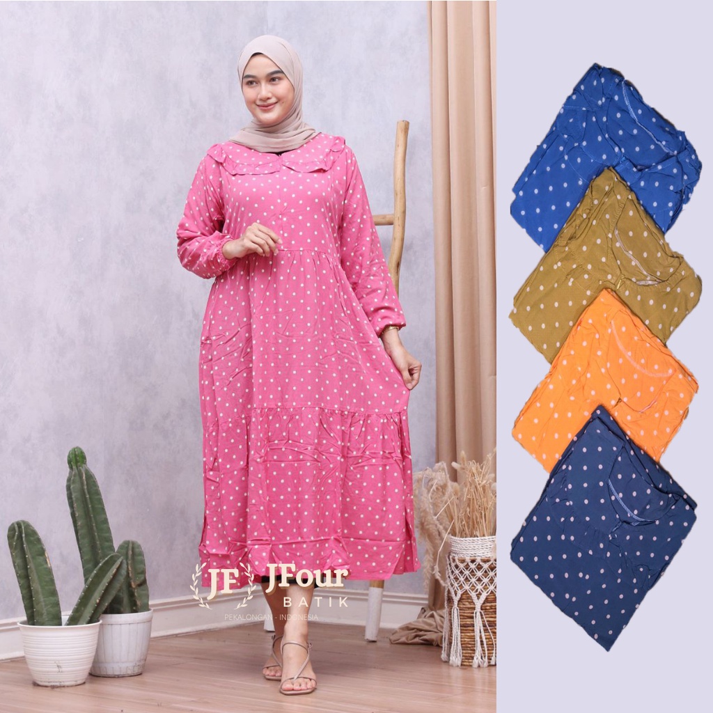 Baju Midi Batik Soft Outfit Polkadot Dress Wanita Kekinian Rayon Super Busui