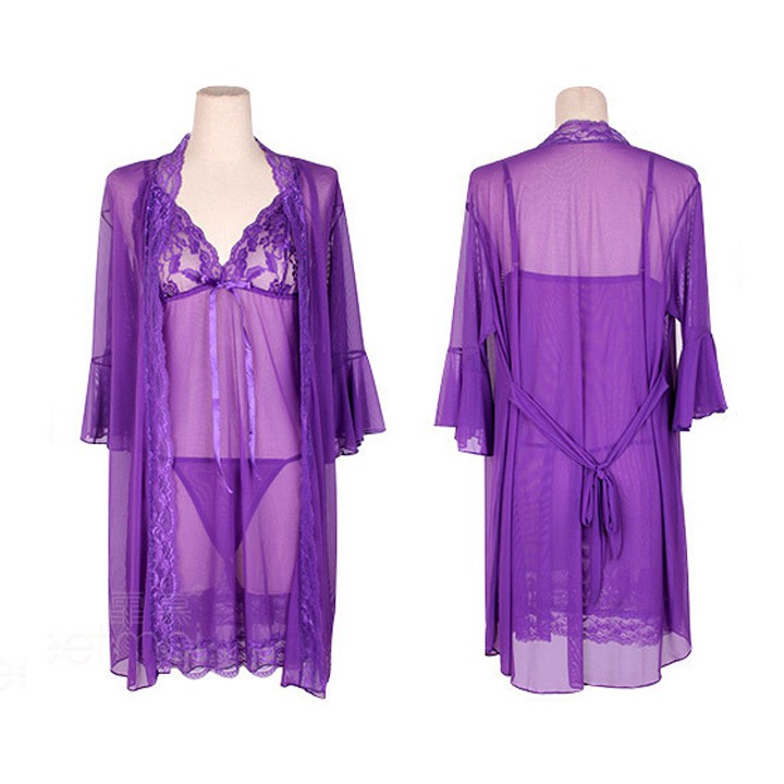 【Wetrose】3Pcs Set Mesh Renda Sexy Transparan Melihat-melalui Baju Tidur Dress Lingerie Set Wit Jubah Coat+Sling