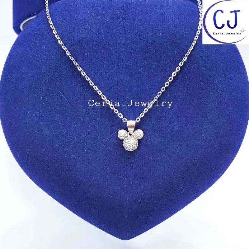 Kalung Anak Perak Asli Silver 925 Lapis Emas Putih Rantai Jedar, Nori Polos, Nori Ukir Liontin Mickey Mouse - Perhiasan Perak Anak Asli