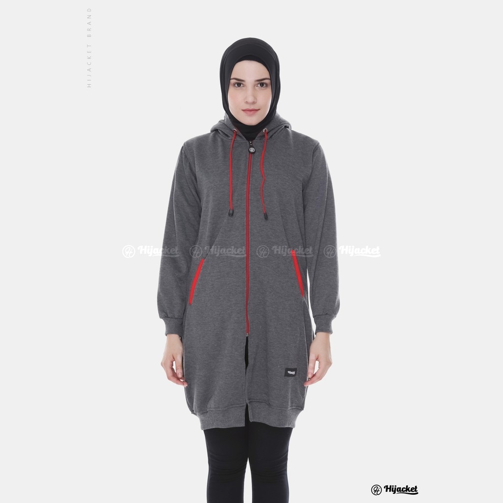 Hijacket Basic jaket hijab wanita Muslim Syari panjang polos tebal (COD bayar di rumah)-HJ6 Dark grey maron