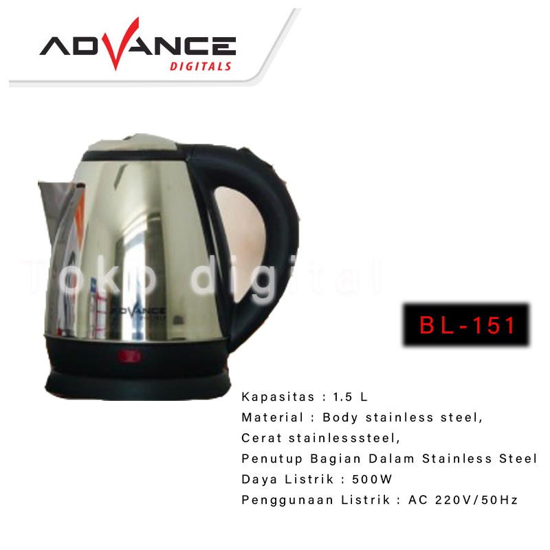 Teko Listrik Kettle Electric Pemanas Air Listrik 1 5 L Advance Ak 151 Body Stainless Ak 151 Shopee Indonesia