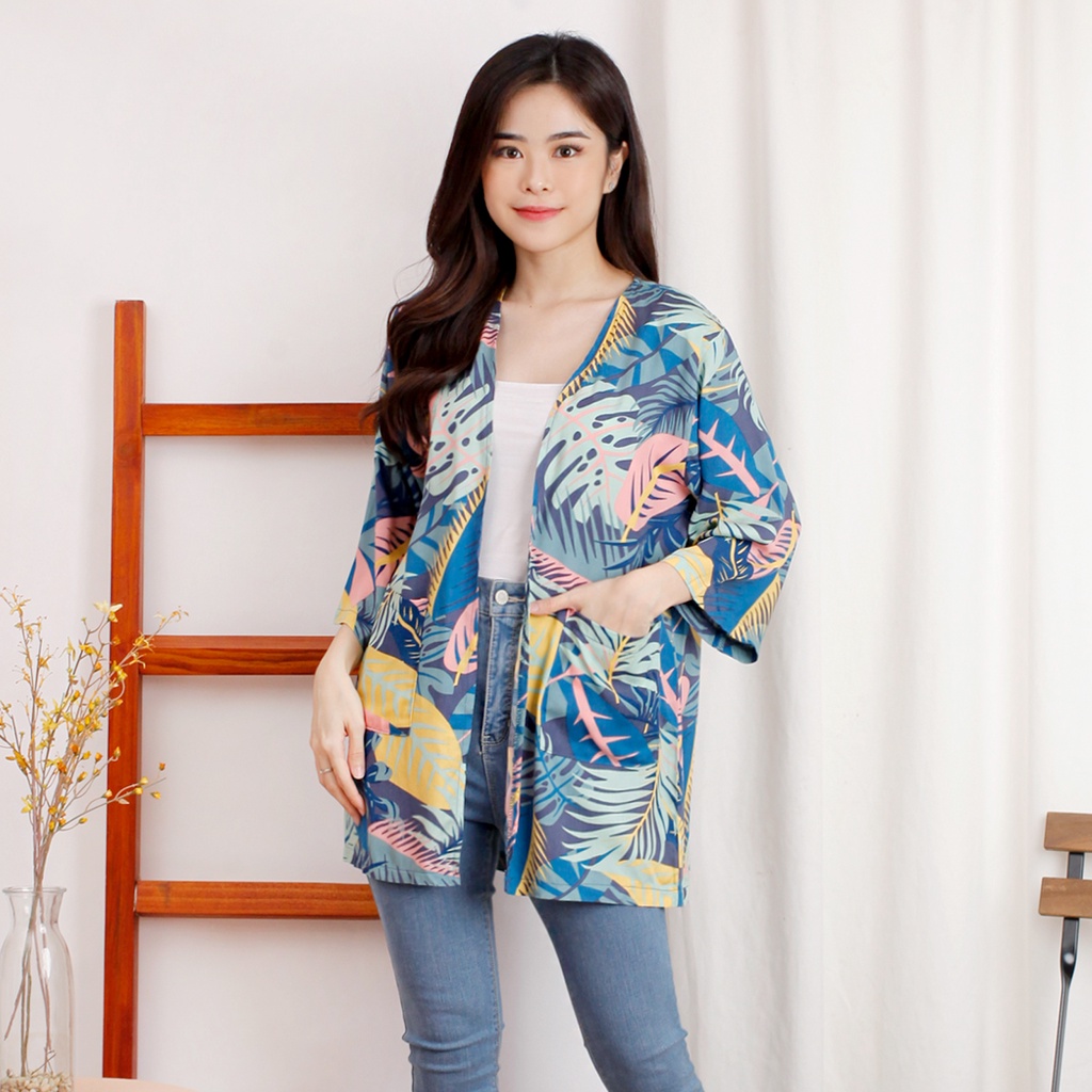 NEKOBEE Ayaka Outer Blazer Rayon Luaran Informal Santai Motif Bunga Kimono Printed Cardigan Hawai