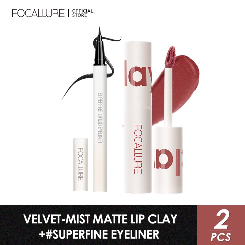 FOCALLURE Makeup 2pcs/Set- Long-lasting Velvet-Mist Lip Clay#302 + Waterproof Superfine Black Eyeliner