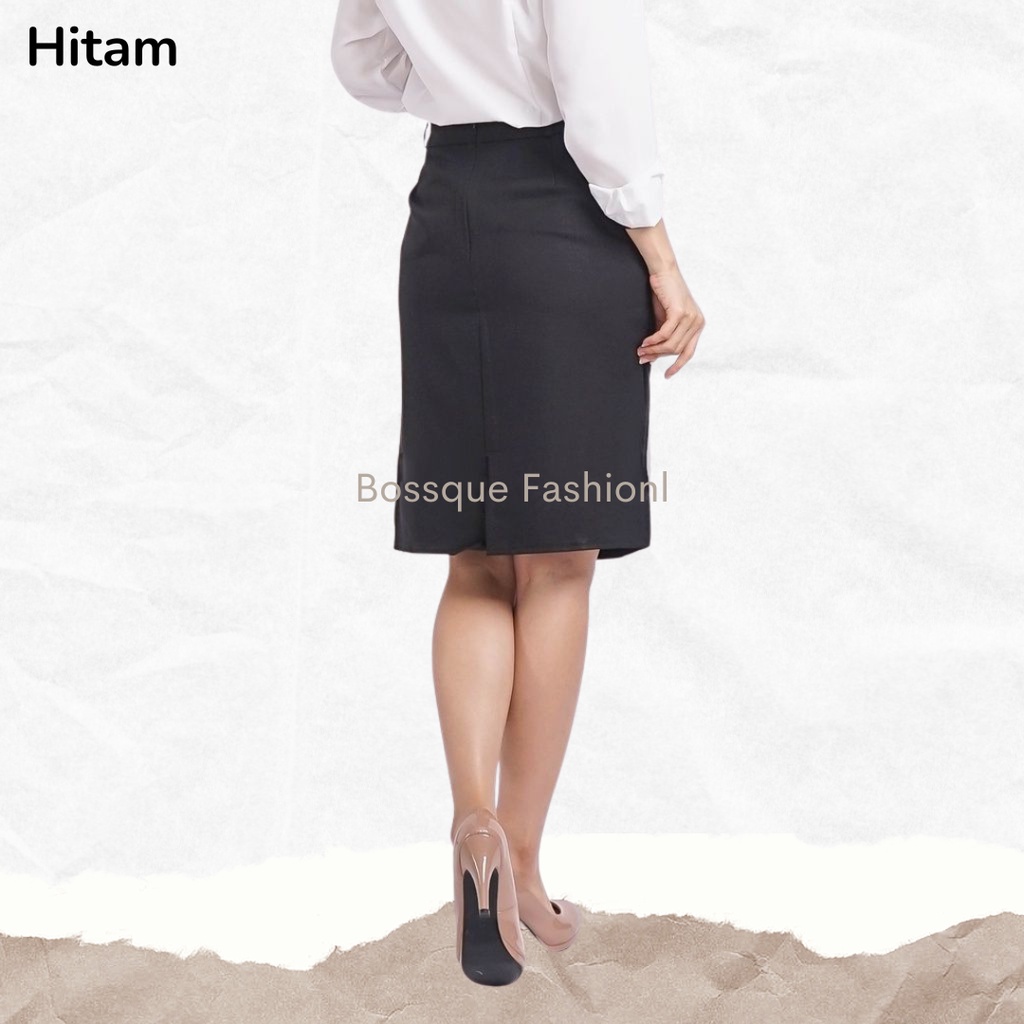 Rok Span Pendek Selutut 3 per 4 Hitam Wanita Kerja Formal