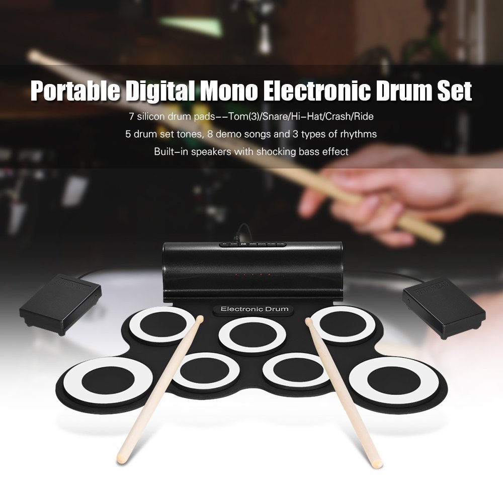 Set Drum Elektronik 7 Pad Silikon Gulung Portable 2 Warna Dengan Speaker Built-in + Stik Sustain Pedal