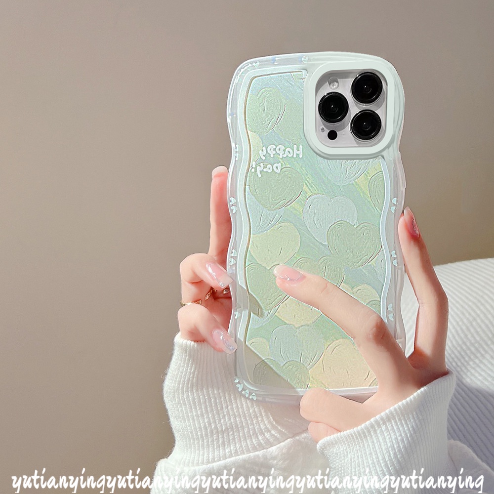 Ins Korea Lukisan Cat Minyak Hijau Cinta Hati Case Oppo A17 A57 2022 A12 A54 A15 A16 A53 A33 2020 A5s A7 A16s A3s A11K A17K A32 A12e A15s A35 New Wavy Edge Shockproof Clear Soft Cover