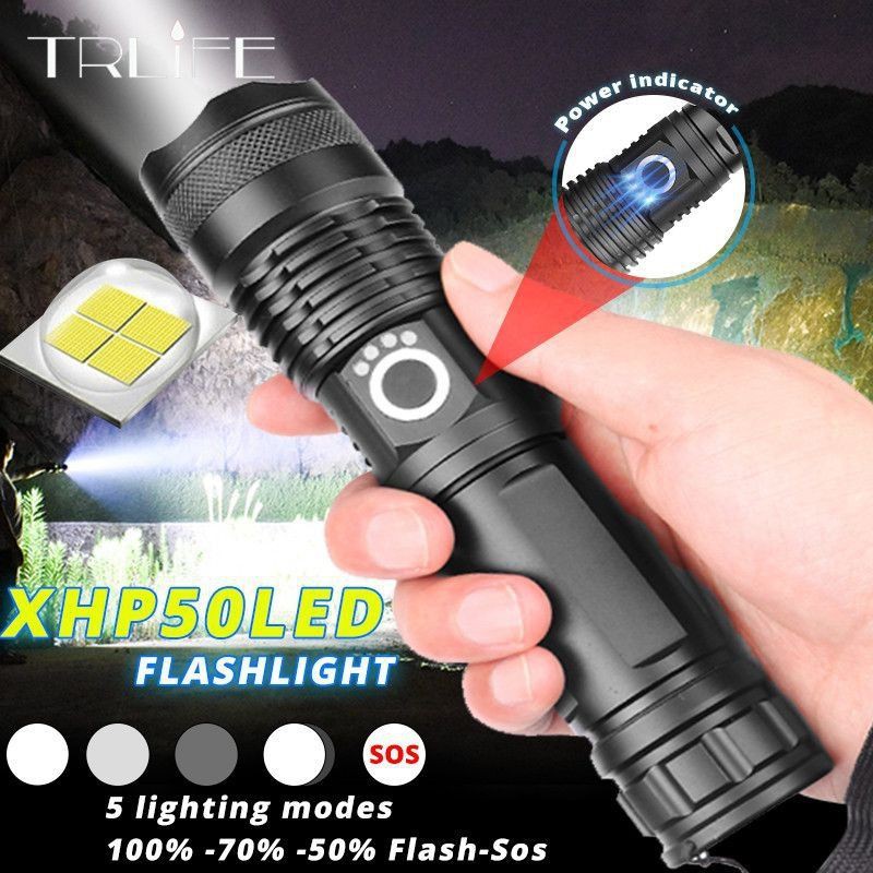 Senter LED P50 XHP50 P90 Super Terang 15000Lumens USB Recharge Jarak Jauh Zoom 1KM Anti Air