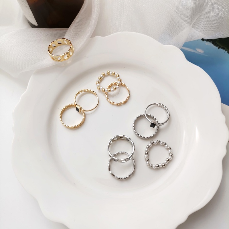 5pcs / set Cincin Jari Telunjuk Model Rantai hollow Gaya Korea Jepang